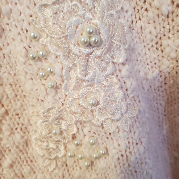 Vintage P'Galli Pink Flower Embelished Beaded Sweater Textured Knitted 2XL - Picture 3 of 4
